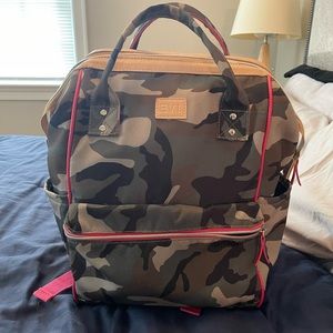 EV1 camo backpack with pink accents